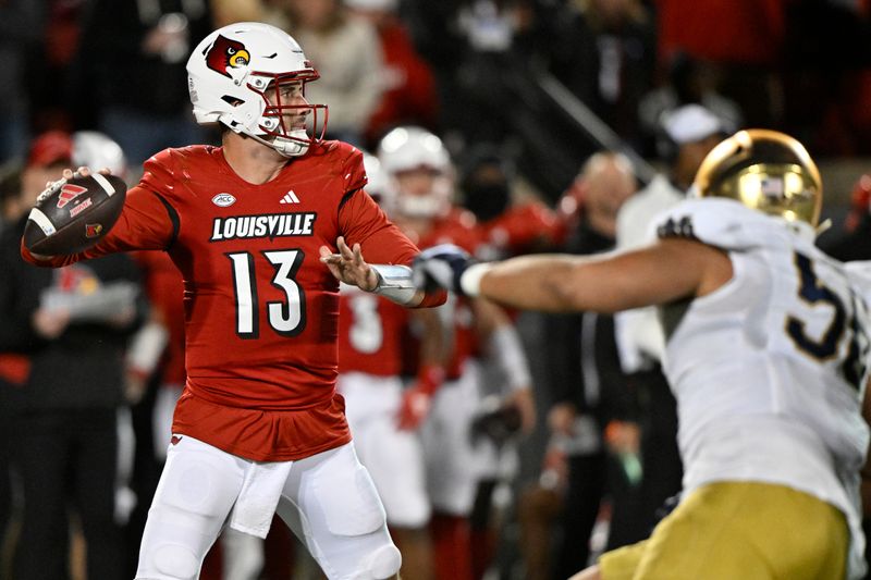 Oct 7, 2023; Louisville, Kentucky, USA; Louisville Cardinals quarterback Jack Plummer (13) looks to pass against the Notre Dame Fighting Irish during the second half at L&N Federal Credit Union Stadium. Louisville defeated Notre Dame 33-20. Mandatory Credit: Jamie Rhodes-USA TODAY Sports