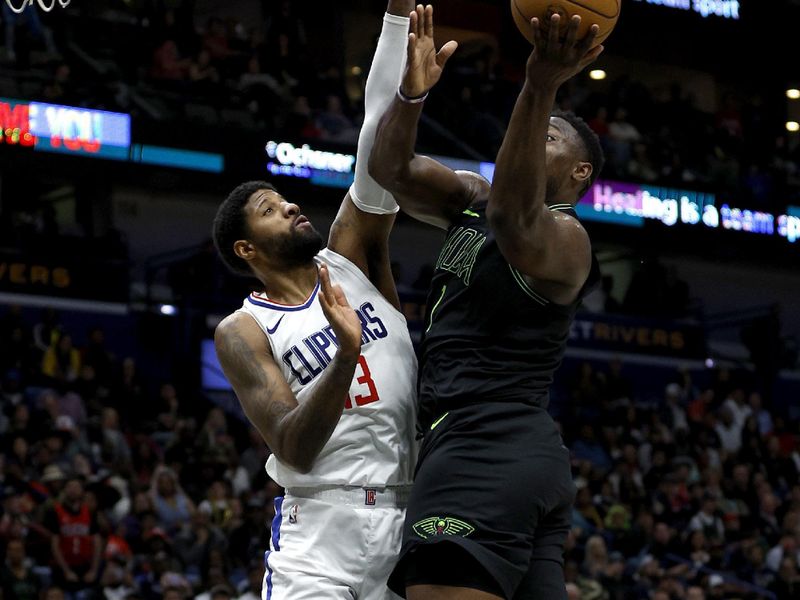 NEW ORLEANS, LOUISIANA - MARCH 15: Zion Williamson #1 of the New Orleans Pelicans shoots over Paul George #13 of the LA Clippers during the third quarter of an NBA game at Smoothie King Center on March 15, 2024 in New Orleans, Louisiana. NOTE TO USER: User expressly acknowledges and agrees that, by downloading and or using this photograph, User is consenting to the terms and conditions of the Getty Images License Agreement. (Photo by Sean Gardner/Getty Images)