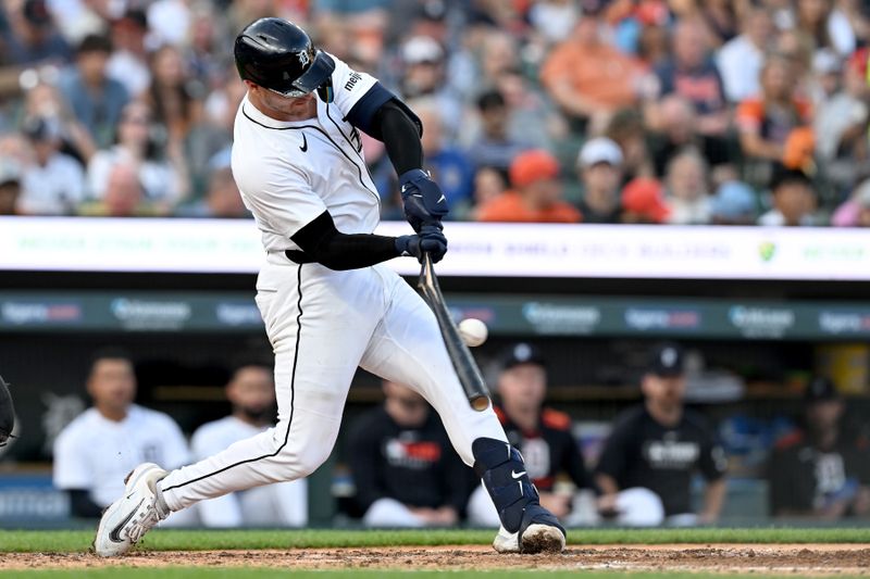 Jun 25, 2025; Detroit, Michigan, USA; Detroit Tigers catcher Dillon Dingler (13) breaks his bat against the Athletics in the fifth inning at Comerica Park. Mandatory Credit: Lon Horwedel-Imagn Images