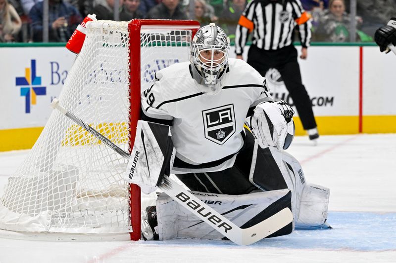 Jan 16, 2024; Dallas, Texas, USA; Los Angeles Kings goaltender Cam Talbot (39) faces the Dallas Stars attack during the second period at the American Airlines Center. Mandatory Credit: Jerome Miron-USA TODAY Sports