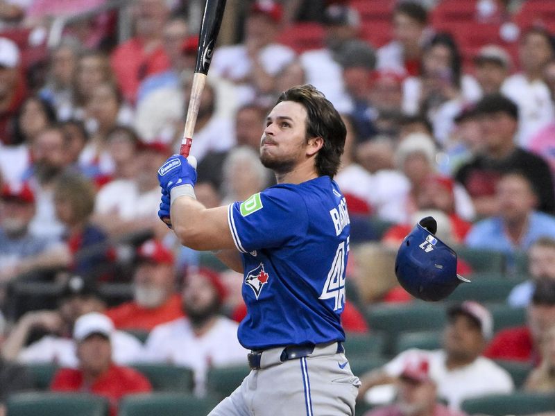 Jun 10, 2025; St. Louis, Missouri, USA;  Toronto Blue Jays third baseman Addison Barger (47) loses his helmet as he hits a one run double against the St. Louis Cardinals during the fifth inning at Busch Stadium. Mandatory Credit: Jeff Curry-Imagn Images