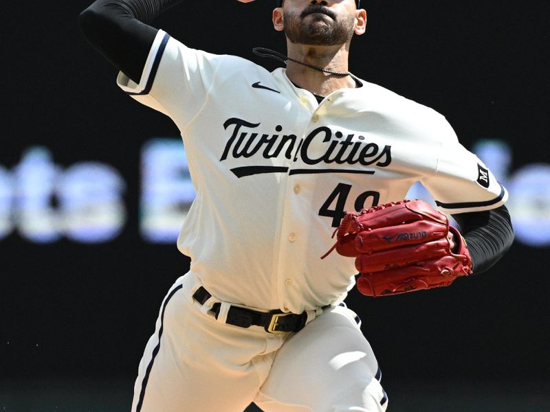 Sep 10, 2023; Minneapolis, Minnesota, USA; Minnesota Twins starting pitcher Pablo Lopez (49) delivers a pitch against the New York Mets in the first inning at Target Field. Mandatory Credit: Michael McLoone-USA TODAY Sports