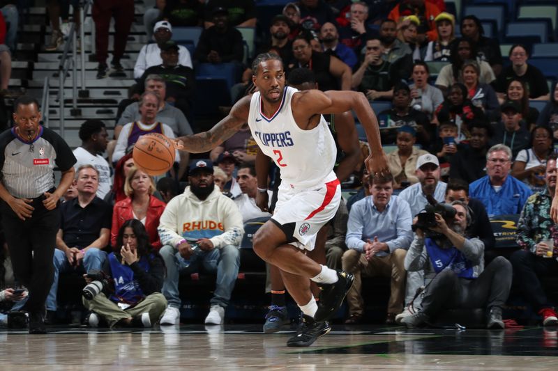 NEW ORLEANS, LA - MARCH 15: Kawhi Leonard #2 of the LA Clippers dribbles the ball during the game against the New Orleans Pelicans on March 15, 2024 at the Smoothie King Center in New Orleans, Louisiana. NOTE TO USER: User expressly acknowledges and agrees that, by downloading and or using this Photograph, user is consenting to the terms and conditions of the Getty Images License Agreement. Mandatory Copyright Notice: Copyright 2024 NBAE (Photo by Layne Murdoch Jr./NBAE via Getty Images)