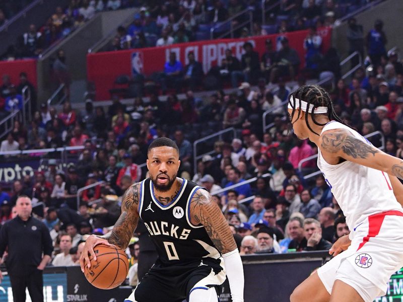 LOS ANGELES, CA - MARCH 10: Damian Lillard #0 of the Milwaukee Bucks dribbles the ball during the game against the LA Clippers on March 10, 2024 at Crypto.Com Arena in Los Angeles, California. NOTE TO USER: User expressly acknowledges and agrees that, by downloading and/or using this Photograph, user is consenting to the terms and conditions of the Getty Images License Agreement. Mandatory Copyright Notice: Copyright 2024 NBAE (Photo by Adam Pantozzi/NBAE via Getty Images)