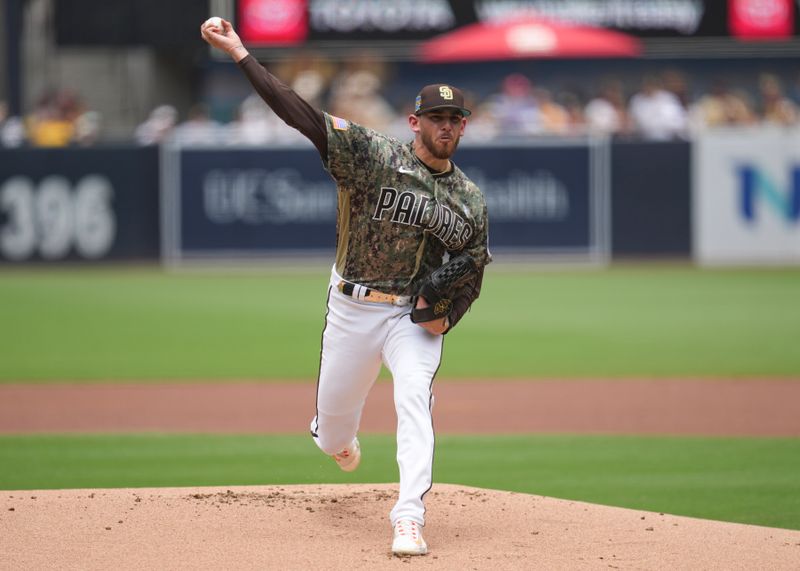 Jun 18, 2023; San Diego, California, USA;  San Diego Padres starting pitcher Joe Musgrove (44) throws a pitch against during the first inning at Petco Park. Mandatory Credit: Ray Acevedo-USA TODAY Sports