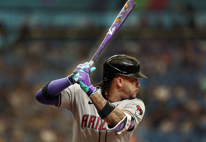 Aug 17, 2024; St. Petersburg, Florida, USA;  Arizona Diamondbacks designated hitter Ketel Marte (4) at bat with a detail bat with eyes for Players Weekend against the Tampa Bay Rays during the first inning at Tropicana Field. Mandatory Credit: Kim Klement Neitzel-USA TODAY Sports