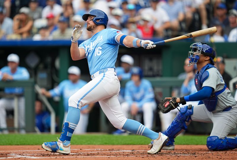 Jul 28, 2024; Kansas City, Missouri, USA; Kansas City Royals right fielder Hunter Renfroe (16) hits an RBI single against the Chicago Cubs during the first inning at Kauffman Stadium. Mandatory Credit: Jay Biggerstaff-USA TODAY Sports