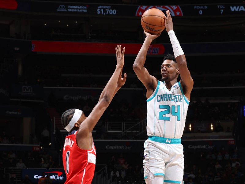 WASHINGTON, DC -? MARCH 8:  Brandon Miller #24 of the Charlotte Hornets shoots the ball during the game on March 8, 2024 at Capital One Arena in Washington, DC. NOTE TO USER: User expressly acknowledges and agrees that, by downloading and or using this Photograph, user is consenting to the terms and conditions of the Getty Images License Agreement. Mandatory Copyright Notice: Copyright 2024 NBAE (Photo by Stephen Gosling/NBAE via Getty Images)