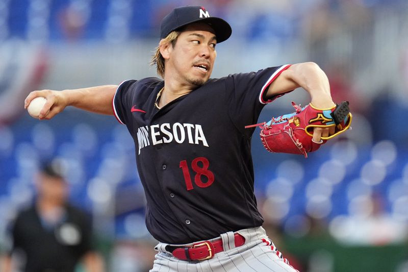 Apr 4, 2023; Miami, Florida, USA;  Minnesota Twins starting pitcher Kenta Maeda (18) pitches against the Miami Marlins in the first inning at loanDepot Park. Mandatory Credit: Jim Rassol-USA TODAY Sports