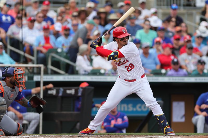 Mar 1, 2024; Jupiter, Florida, USA; St. Louis Cardinals this baseman Nolan Arenado (28) stands at the plate during his at-bat against the New York Mets in the third inning at Roger Dean Chevrolet Stadium. Mandatory Credit: Sam Navarro-USA TODAY Sports