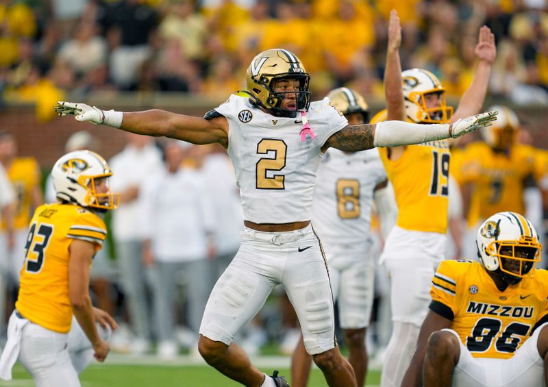 Sep 21, 2024; Columbia, Missouri, USA; Vanderbilt Commodores linebacker Randon Fontenette (2) reacts after a missed field goal by Missouri Tigers place kicker Blake Craig (19) during the second half at Faurot Field at Memorial Stadium. Mandatory Credit: Jay Biggerstaff-Imagn Images