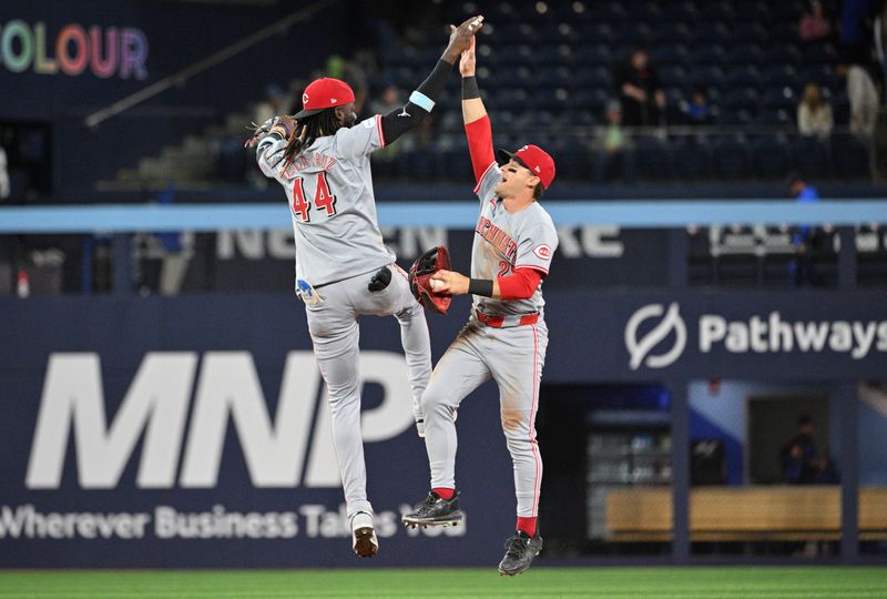 Aug 21, 2024; Toronto, Ontario, CAN;  Cincinnati Reds shortstop Elly De La Cruz (44) celebrates with center fielder TJ Friedl (29) after a win over the Toronto Blue Jays at Rogers Centre. Mandatory Credit: Dan Hamilton-USA TODAY Sports