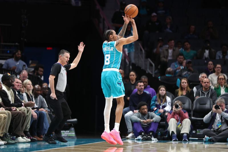 CHARLOTTE, NC - FEBRUARY 3: Nick Smith Jr. #8 of the Charlotte Hornets three point basket during the game against the Washington Wizards on February 3, 2025 at Spectrum Center in Charlotte, North Carolina. NOTE TO USER: User expressly acknowledges and agrees that, by downloading and or using this photograph, User is consenting to the terms and conditions of the Getty Images License Agreement. Mandatory Copyright Notice: Copyright 2025 NBAE(Photo by Brock Williams-Smith/NBAE via Getty Images)