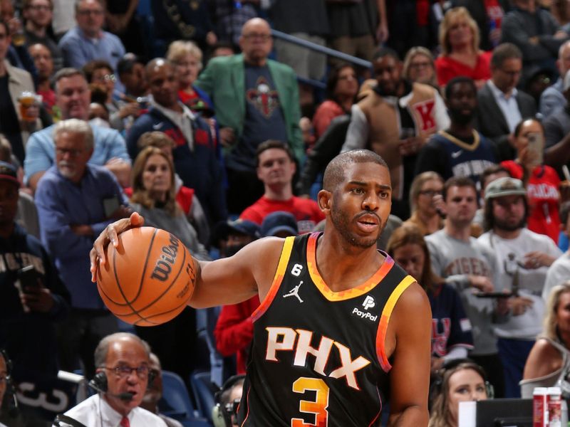 NEW ORLEANS, LA - DECEMBER 9:  Chris Paul #3 of the Phoenix Suns dribbles the ball during the game against the New Orleans Pelicans on December 9, 2022 at the Smoothie King Center in New Orleans, Louisiana. NOTE TO USER: User expressly acknowledges and agrees that, by downloading and or using this Photograph, user is consenting to the terms and conditions of the Getty Images License Agreement. Mandatory Copyright Notice: Copyright 2022 NBAE (Photo by Layne Murdoch Jr./NBAE via Getty Images)