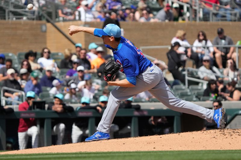 Mar 8, 2024; Salt River Pima-Maricopa, Arizona, USA; Chicago Cubs starting pitcher Kyle Hendricks (28) throws against the Arizona Diamondbacks in the first inning at Salt River Fields at Talking Stick. Mandatory Credit: Rick Scuteri-USA TODAY Sports