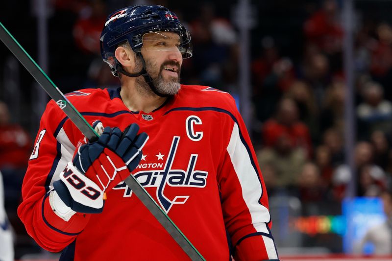 Dec 18, 2025; Washington, District of Columbia, USA; Washington Capitals left wing Alex Ovechkin (8) smiles during a stoppage in play against the Toronto Maple Leafs during the first period at Capital One Arena. Mandatory Credit: Geoff Burke-Imagn Images