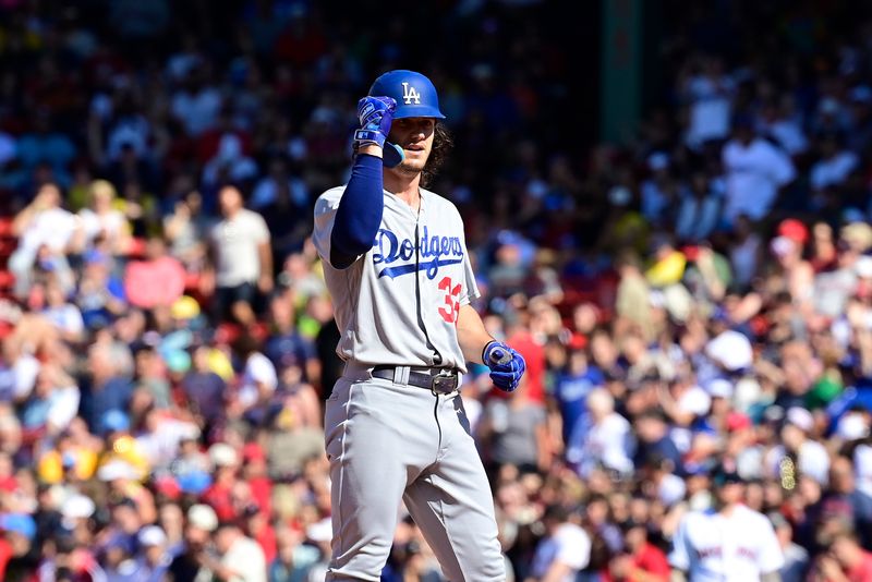 Aug 27, 2023; Boston, Massachusetts, USA; Los Angeles Dodgers center fielder James Outman (33) reacts after his RBI during the seventh inning against the Boston Red Sox at Fenway Park. Mandatory Credit: Eric Canha-USA TODAY Sports