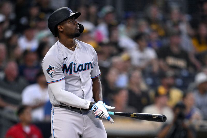 Aug 22, 2023; San Diego, California, USA; Miami Marlins designated hitter Jorge Soler (12) hits a home run against the San Diego Padres during the third inning at Petco Park. Mandatory Credit: Orlando Ramirez-USA TODAY Sports