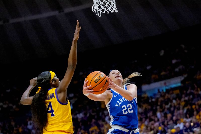 Mar 3, 2024; Baton Rouge, Louisiana, USA; Kentucky Wildcats guard Maddie Scherr (22) shoot against LSU Lady Tigers guard Flau'jae Johnson (4) at Pete Maravich Assembly Center. Mandatory Credit: Matthew Hinton-USA TODAY Sports