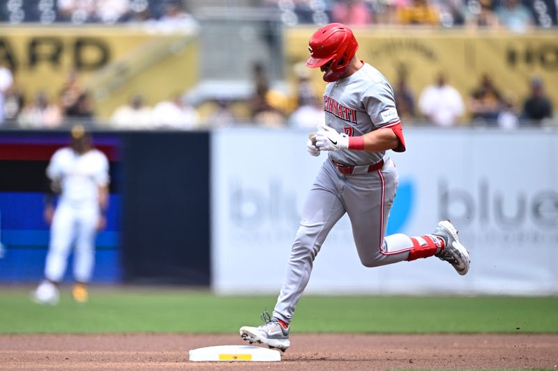 May 1, 2024; San Diego, California, USA; Cincinnati Reds left fielder Spencer Steer (7) rounds the bases after hitting a home run against the San Diego Padres during the first inning at Petco Park. Mandatory Credit: Orlando Ramirez-USA TODAY Sports