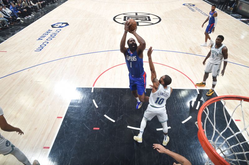 LOS ANGELES, CA - FEBRUARY 12:  James Harden #1 of the LA Clippers shoots the ball during the game  on February 12, 2024 at Crypto.Com Arena in Los Angeles, California. NOTE TO USER: User expressly acknowledges and agrees that, by downloading and/or using this Photograph, user is consenting to the terms and conditions of the Getty Images License Agreement. Mandatory Copyright Notice: Copyright 2024 NBAE (Photo by Adam Pantozzi/NBAE via Getty Images)