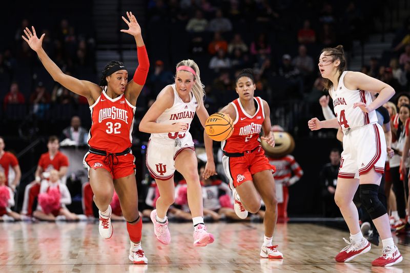 Mar 4, 2023; Minneapolis, MINN, USA; Indiana Hoosiers guard Sydney Parrish (33) drives up the court against the Ohio State Buckeyes during the second half at Target Center. Mandatory Credit: Matt Krohn-USA TODAY Sports