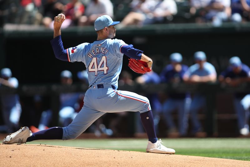 Sep 8, 2024; Arlington, Texas, USA; Texas Rangers pitcher Andrew Heaney (44) throws a pitch in the first inning against the Los Angeles Angels at Globe Life Field. Mandatory Credit: Tim Heitman-Imagn Images