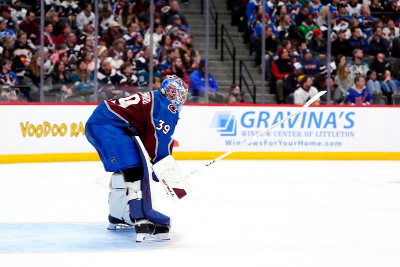 Nov 26, 2025; Denver, Colorado, USA; Colorado Avalanche goaltender Mackenzie Blackwood (39) during the third period against the San Jose Sharks at Ball Arena. Mandatory Credit: Ron Chenoy-Imagn Images