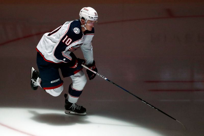 Mar 5, 2024; Pittsburgh, Pennsylvania, USA;  Columbus Blue Jackets left wing Dmitri Voronkov (10) takes the ice to warm up before the game against the Pittsburgh Penguins at PPG Paints Arena. Mandatory Credit: Charles LeClaire-USA TODAY Sports