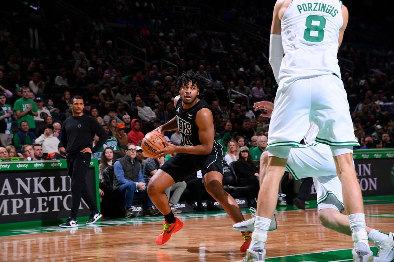 BOSTON, MA - FEBRUARY 14: Cam Thomas #24 of the Brooklyn Nets handles the ball during the game against the Boston Celtics on February 14, 2024 at the TD Garden in Boston, Massachusetts. NOTE TO USER: User expressly acknowledges and agrees that, by downloading and or using this photograph, User is consenting to the terms and conditions of the Getty Images License Agreement. Mandatory Copyright Notice: Copyright 2024 NBAE  (Photo by Brian Babineau/NBAE via Getty Images)