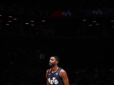 BROOKLYN, NY - DECEMBER 2: Mikal Bridges #1 of the Brooklyn Nets looks on during the game against the Orlando Magic on December 2, 2023 at Barclays Center in Brooklyn, New York. NOTE TO USER: User expressly acknowledges and agrees that, by downloading and or using this Photograph, user is consenting to the terms and conditions of the Getty Images License Agreement. Mandatory Copyright Notice: Copyright 2023 NBAE (Photo by Nathaniel S. Butler/NBAE via Getty Images)