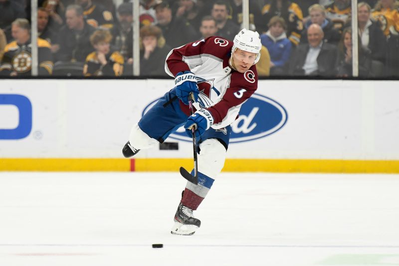 Jan 18, 2024; Boston, Massachusetts, USA; Colorado Avalanche defenseman Jack Johnson (3) shoots the puck during the third period against the Boston Bruins at TD Garden. Mandatory Credit: Bob DeChiara-USA TODAY Sports