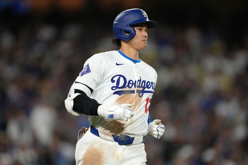 May 7, 2024; Los Angeles, California, USA; Los Angeles Dodgers designated hitter Shohei Ohtani (17 runs the bases against the Miami Marlins at Dodger Stadium. Mandatory Credit: Kirby Lee-USA TODAY Sports