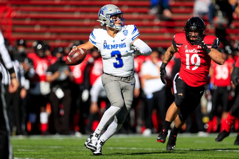 Oct 31, 2020; Cincinnati, Ohio, USA; Memphis Tigers quarterback Brady White (3) looks to pass against the Cincinnati Bearcats in the first half at Nippert Stadium. Mandatory Credit: Aaron Doster-USA TODAY Sports