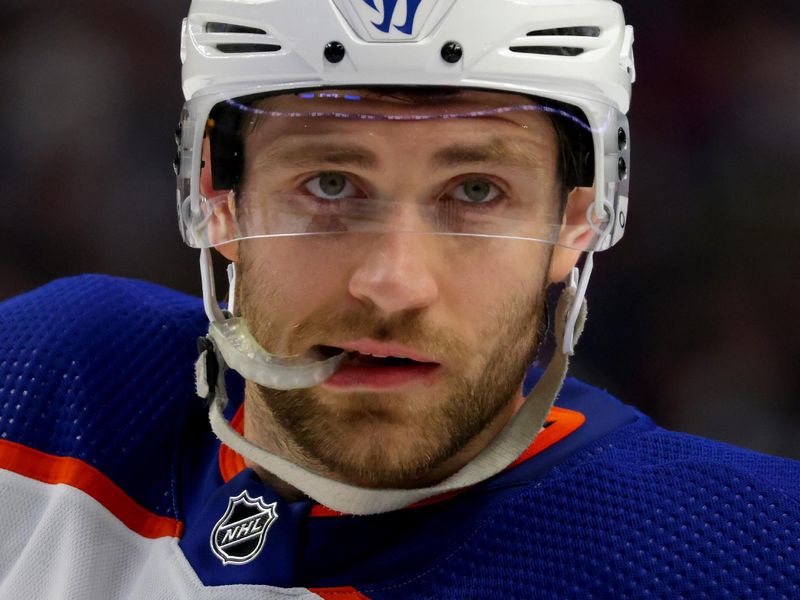 Mar 6, 2023; Buffalo, New York, USA;  Edmonton Oilers center Leon Draisaitl (29) waits for the faceopff during the first period against the Buffalo Sabres at KeyBank Center. Mandatory Credit: Timothy T. Ludwig-USA TODAY Sports