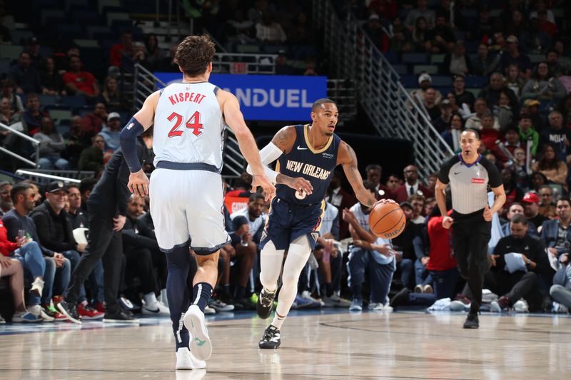 NEW ORLEANS, LA - JANUARY 3: Dejounte Murray #5 of the New Orleans Pelicans handles the ball during the game against the Washington Wizards on January 3, 2025 at the Smoothie King Center in New Orleans, Louisiana. NOTE TO USER: User expressly acknowledges and agrees that, by downloading and or using this Photograph, user is consenting to the terms and conditions of the Getty Images License Agreement. Mandatory Copyright Notice: Copyright 2025 NBAE (Photo by Layne Murdoch Jr./NBAE via Getty Images)