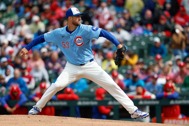Apr 25, 2025; Chicago, Illinois, USA;  Chicago Cubs starting pitcher Colin Rea (53) delivers a pitch against the Philadelphia Phillies during the first inning at Wrigley Field. Mandatory Credit: Kamil Krzaczynski-Imagn Images