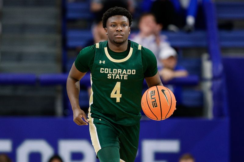 Mar 9, 2024; Colorado Springs, Colorado, USA; Colorado State Rams guard Isaiah Stevens (4) dribbles the ball up court in the first half against the Air Force Falcons at Clune Arena. Mandatory Credit: Isaiah J. Downing-USA TODAY Sports