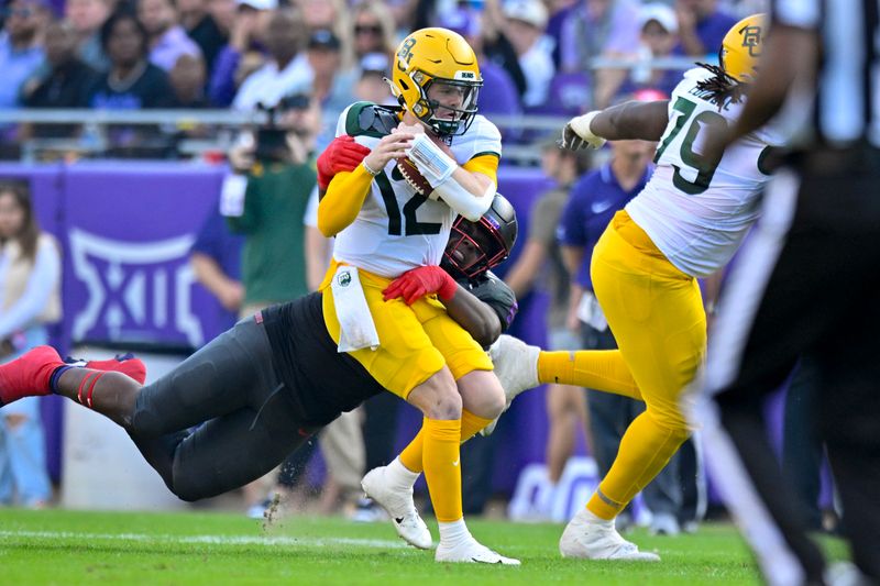 Nov 18, 2023; Fort Worth, Texas, USA; Baylor Bears quarterback Blake Shapen (12) runs with the ball against the TCU Horned Frogs during the first half at Amon G. Carter Stadium. Mandatory Credit: Jerome Miron-USA TODAY Sports