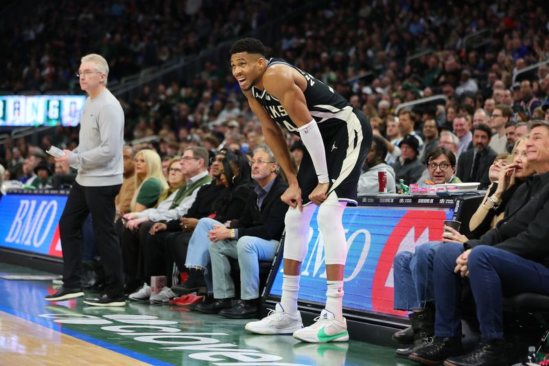 MILWAUKEE, WISCONSIN - JANUARY 26: Giannis Antetokounmpo #34 of the Milwaukee Bucks waits to enter a game against the Cleveland Cavaliers at Fiserv Forum on January 26, 2024 in Milwaukee, Wisconsin. NOTE TO USER: User expressly acknowledges and agrees that, by downloading and or using this photograph, User is consenting to the terms and conditions of the Getty Images License Agreement. (Photo by Stacy Revere/Getty Images)