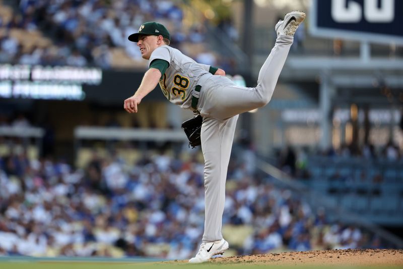 Aug 3, 2023; Los Angeles, California, USA;  Oakland Athletics starting pitcher JP Sears (38) pitches during the first inning against the Los Angeles Dodgers at Dodger Stadium. Mandatory Credit: Kiyoshi Mio-USA TODAY Sports