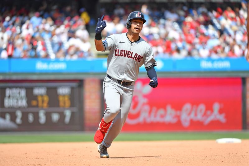 Jul 28, 2024; Philadelphia, Pennsylvania, USA; Cleveland Guardians outfielder Steven Kwan (38) celebrates his home run against the Philadelphia Phillies during the seventh inning at Citizens Bank Park. Mandatory Credit: Eric Hartline-USA TODAY Sports