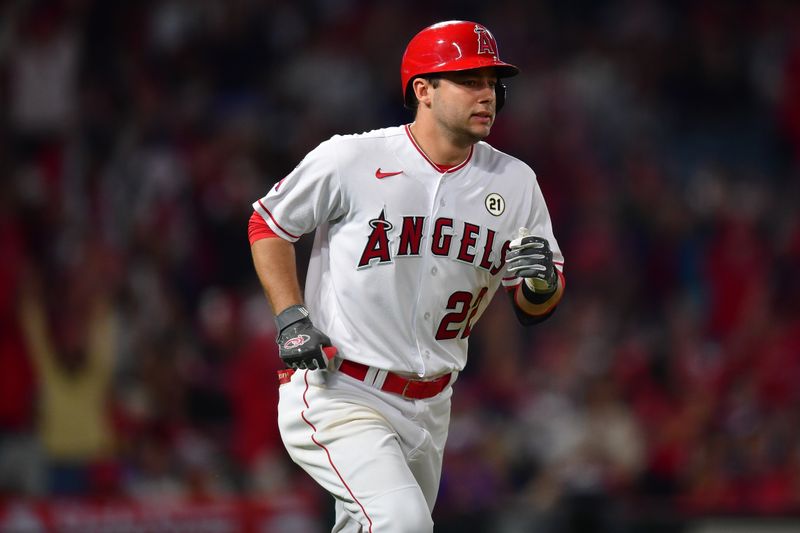 Sep 15, 2023; Anaheim, California, USA; Los Angeles Angels second baseman David Fletcher (22) rounds the bases after hitting a solo home run against the Detroit Tigers during the seventh inning at Angel Stadium. Mandatory Credit: Gary A. Vasquez-USA TODAY Sports