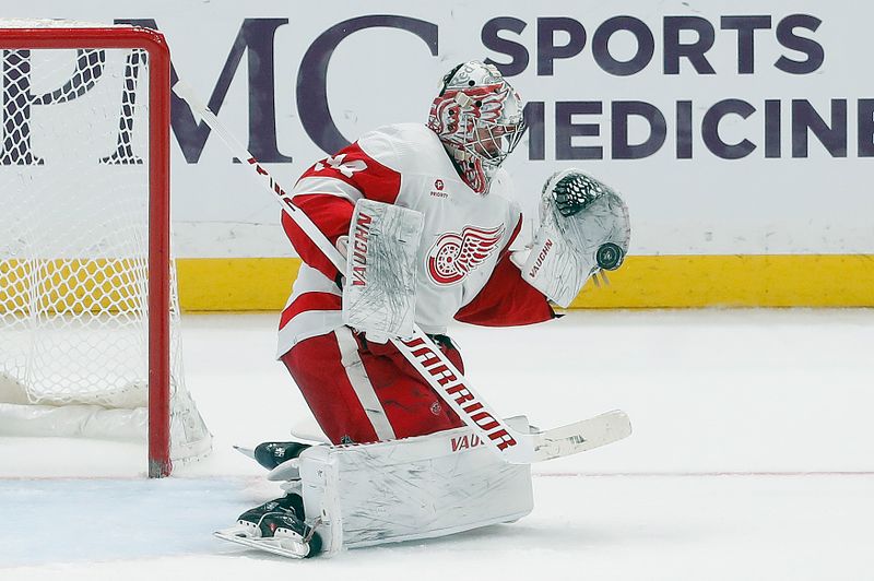 Mar 17, 2024; Pittsburgh, Pennsylvania, USA;  Detroit Red Wings goaltender Alex Lyon (34) makes a glove save against the Pittsburgh Penguins during the third period at PPG Paints Arena. Pittsburgh won 6-3. Mandatory Credit: Charles LeClaire-USA TODAY Sports