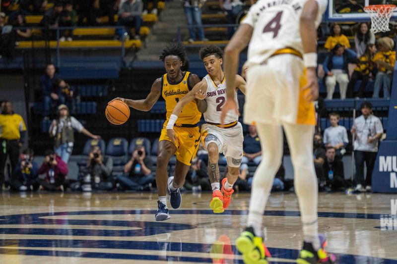 Feb 11, 2023; Berkeley, California, USA; California Golden Bears guard Joel Brown (1) handles the ball against Arizona State Sun Devils guard Austin Nunez (2) during the second half at Haas Pavilion. Mandatory Credit: Neville E. Guard-USA TODAY Sports