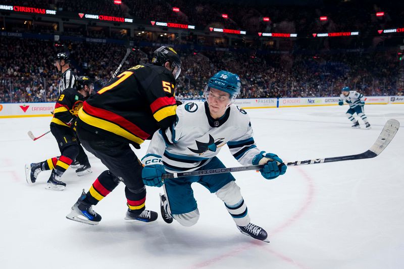 Dec 23, 2023; Vancouver, British Columbia, CAN; San Jose Sharks forward William Eklund (72) drives around Vancouver Canucks defenseman Tyler Myers (57) in the second period at Rogers Arena. Mandatory Credit: Bob Frid-USA TODAY Sports