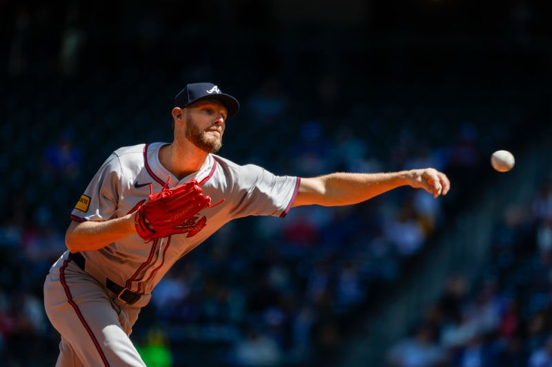 May 1, 2024; Seattle, Washington, USA; Atlanta Braves starting pitcher Chris Sale (51) throws against the Seattle Mariners during the second inning at T-Mobile Park. Mandatory Credit: Joe Nicholson-USA TODAY Sports