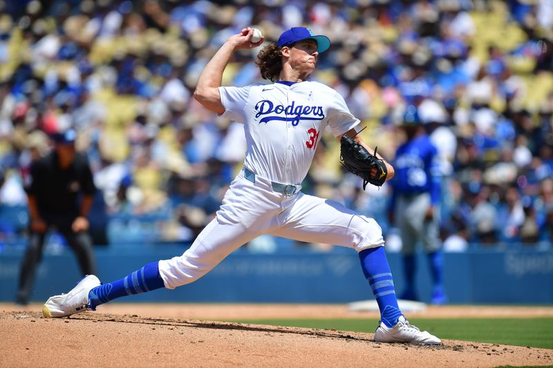 Jun 16, 2024; Los Angeles, California, USA; Los Angeles Dodgers pitcher Tyler Glasnow (31) throws against the Kansas City Royals during the sixth inning at Dodger Stadium. Mandatory Credit: Gary A. Vasquez-USA TODAY Sports