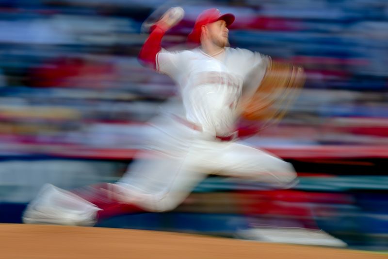 Jun 7, 2024; Anaheim, California, USA; Los Angeles Angels pitcher Griffin Canning (47) throws against the Houston Astros during the fifth inning at Angel Stadium. Mandatory Credit: Gary A. Vasquez-USA TODAY Sports