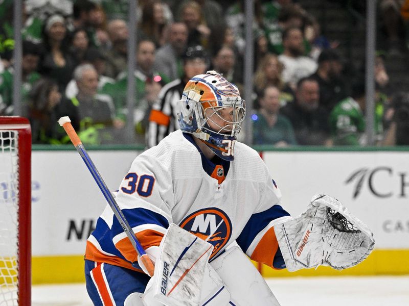 Feb 26, 2024; Dallas, Texas, USA; New York Islanders goaltender Ilya Sorokin (30) faces the Dallas Stars attack during the second period at the American Airlines Center. Mandatory Credit: Jerome Miron-USA TODAY Sports